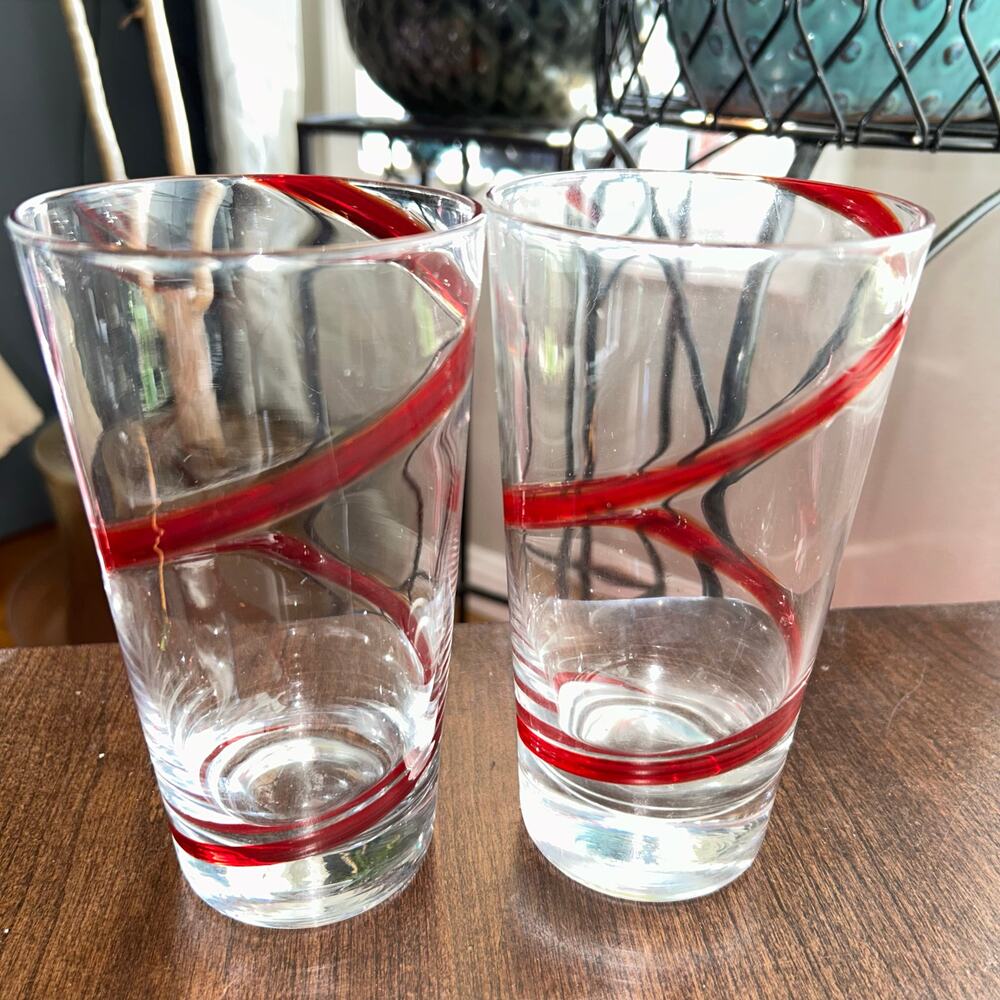 2 Swirline Red Clear Glass by PIER 1 High Ball Glasses